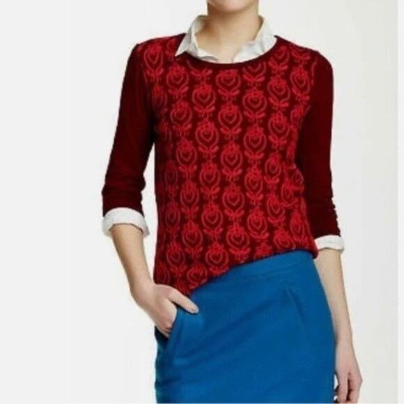 J.Crew Embroidered  Panel Shirt 3/4 Sleeve Cotton Red Size Medium - Picture 1 of 9